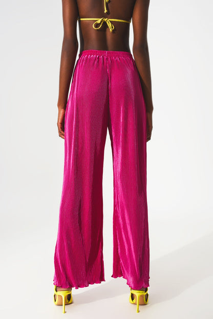 Satin pleated wide leg pants in fuchsia - trousers