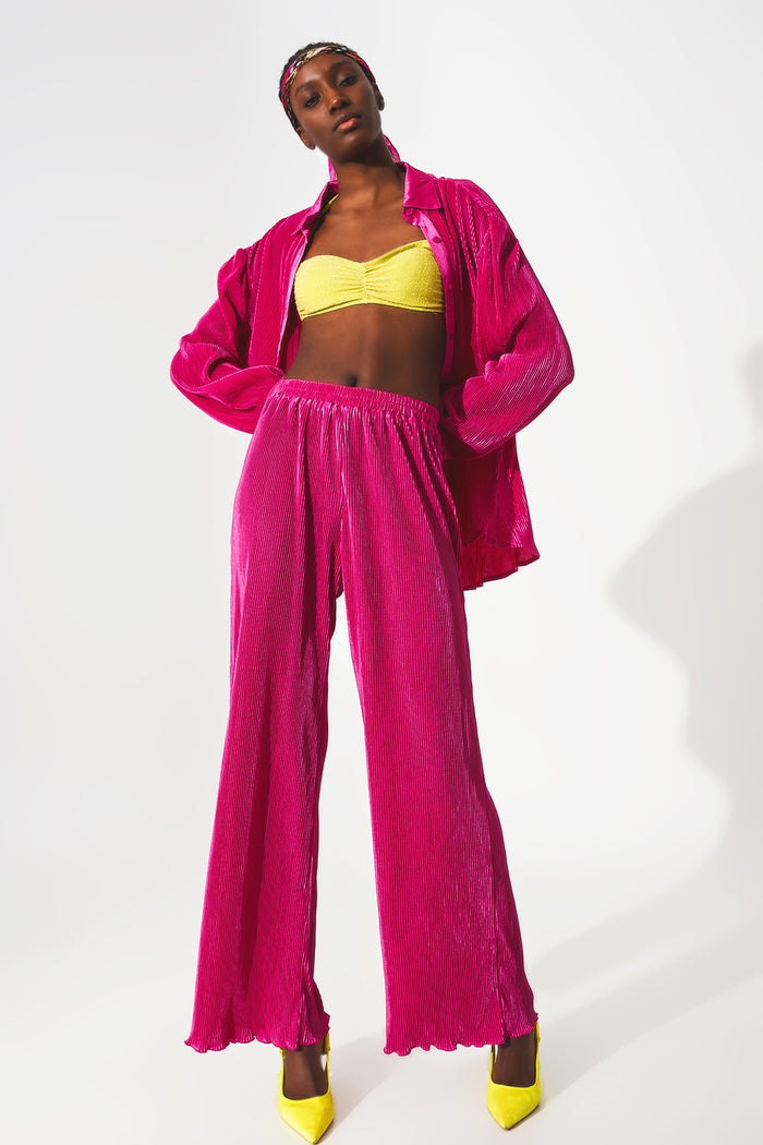 Satin pleated wide leg pants in fuchsia - trousers