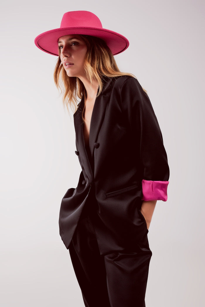 Satin tailored double breast blazer in black