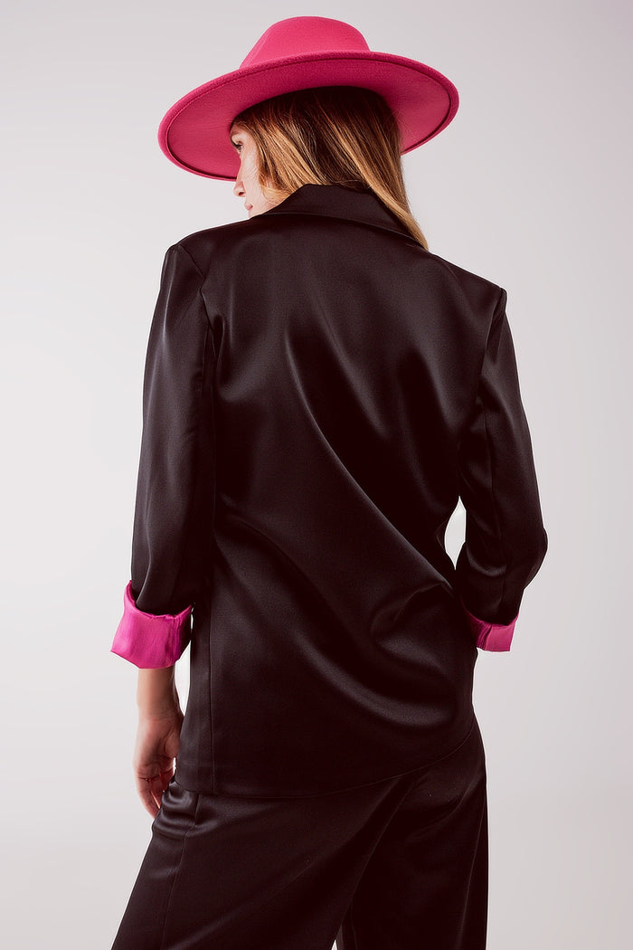 Satin tailored double breast blazer in black