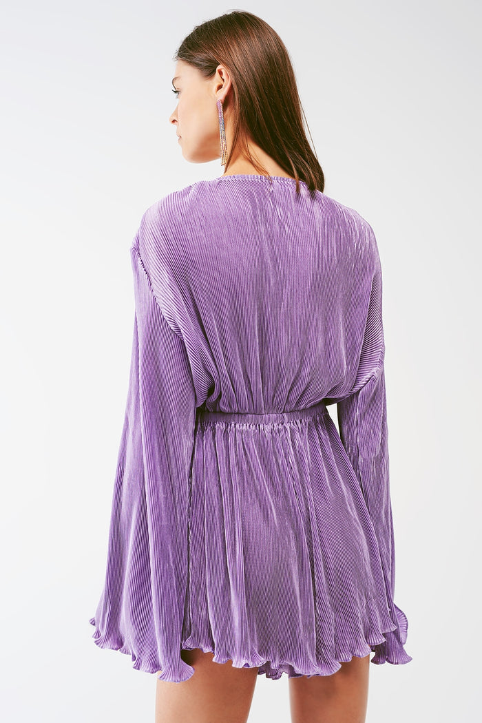 Satin Wrap Deatil Pleated playsuit in lilac