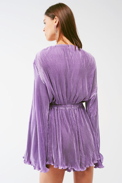 Satin Wrap Deatil Pleated playsuit in lilac