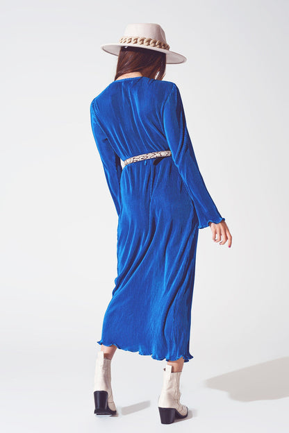 Satin Wrap Detail Pleated Dress in Blue - dress