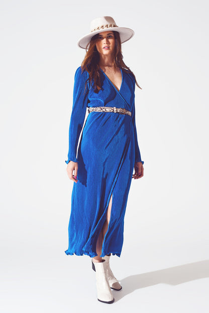 Satin Wrap Detail Pleated Dress in Blue - dress