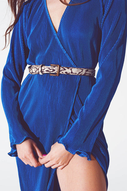 Satin Wrap Detail Pleated Dress in Blue - dress