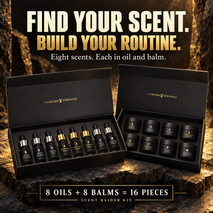 Scent Raider Sample Kit open boxes showing eight beard oil bottles and eight beard balm jars, headline Find Your Scent Build Your Routine, 8 oils plus 8 balms equals 16 pieces