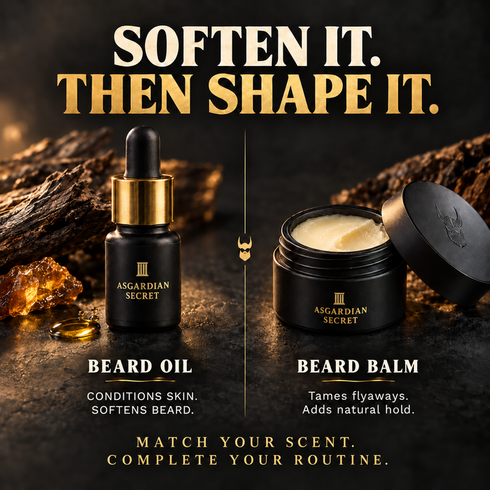 Asgardian Secret beard oil dropper bottle and open beard balm jar on dark rock, headline Soften It Then Shape It, oil conditions skin and balm tames flyaways