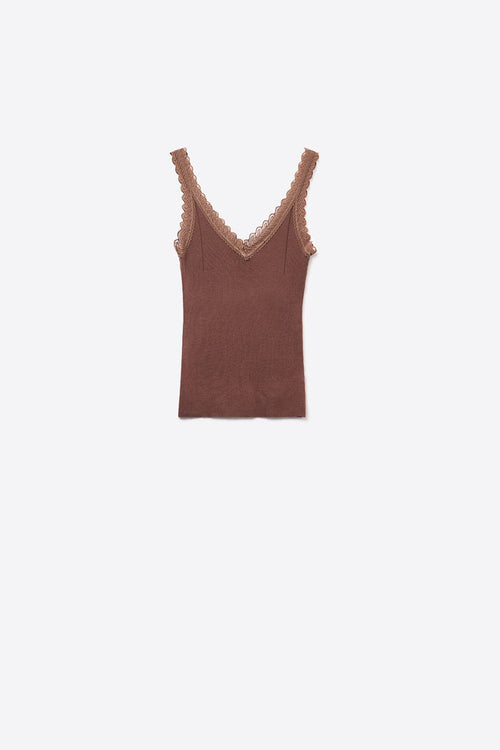 Scoop Neck Lace knitted Trim Tank Top in Chocolate Brown