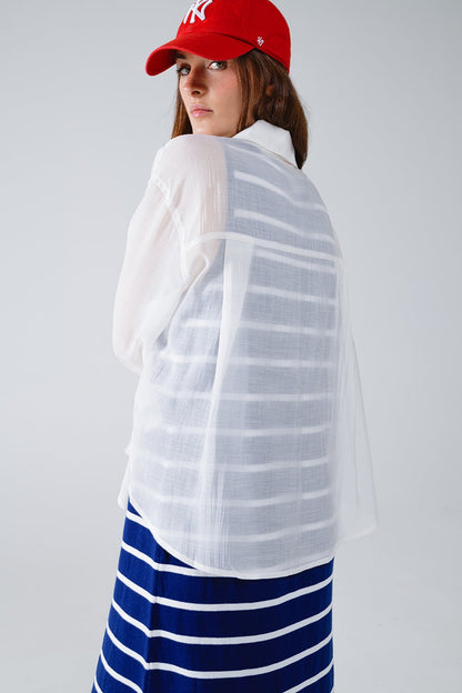 Semi Sheer White Blouse With Ruffle Detail Down The Front - Shirts