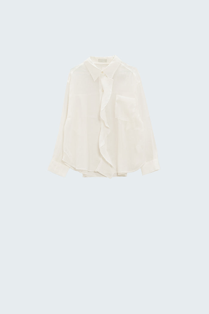 Semi Sheer White Blouse With Ruffle Detail Down The Front - Shirts