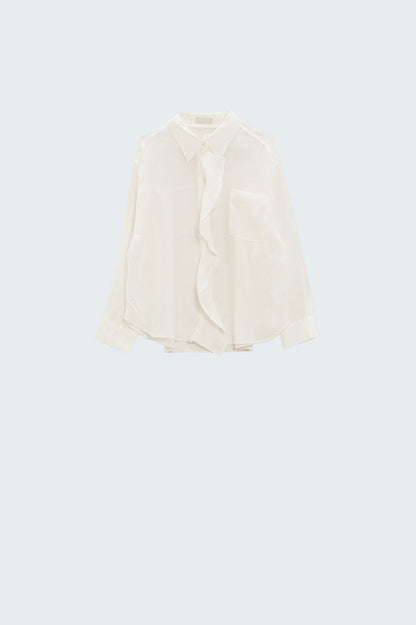 Semi Sheer White Blouse With Ruffle Detail Down The Front - Shirts