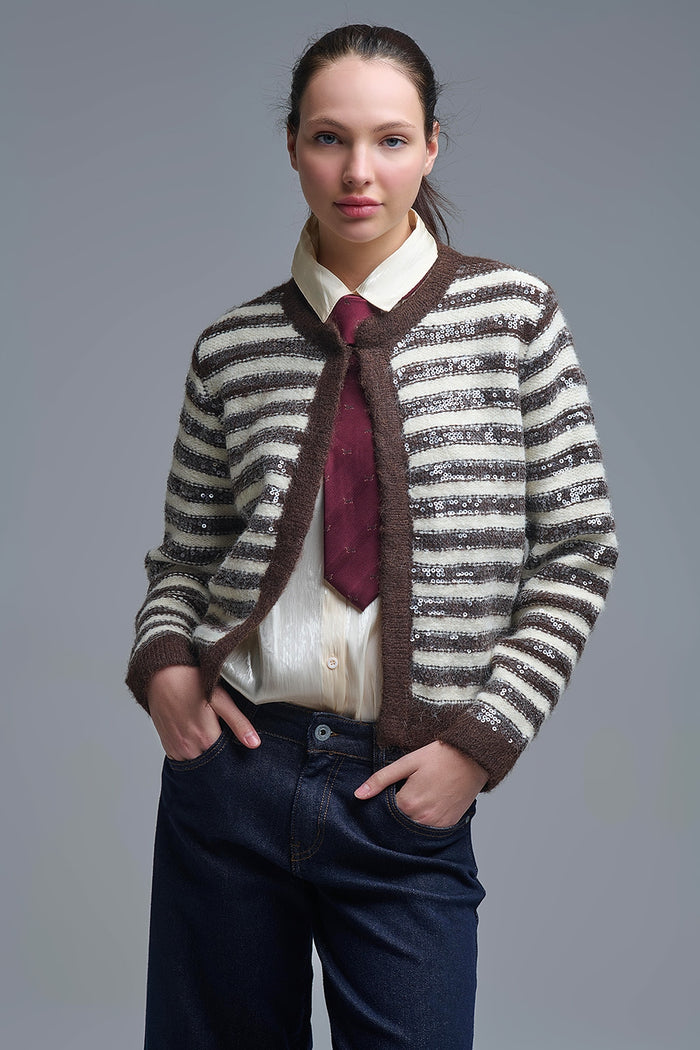 Sequin Detail Stripe Cardigan in Brown and Cream