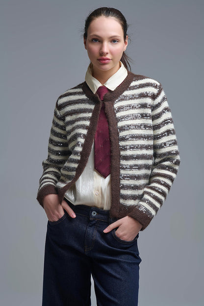 Sequin Detail Stripe Cardigan in Brown and Cream