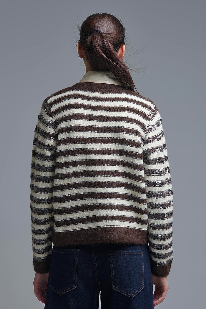 Sequin Detail Stripe Cardigan in Brown and Cream