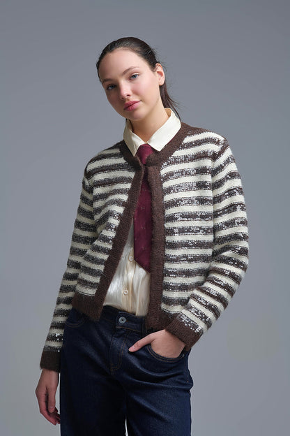 Sequin Detail Stripe Cardigan in Brown and Cream