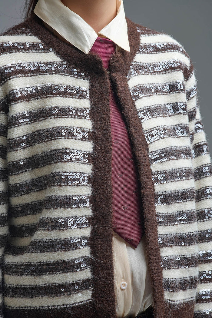 Sequin Detail Stripe Cardigan in Brown and Cream