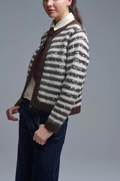 Sequin Detail Stripe Cardigan in Brown and Cream