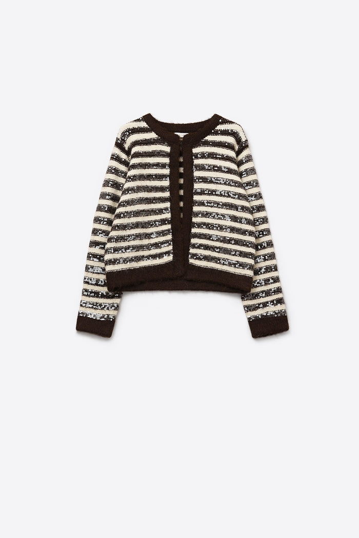Sequin Detail Stripe Cardigan in Brown and Cream