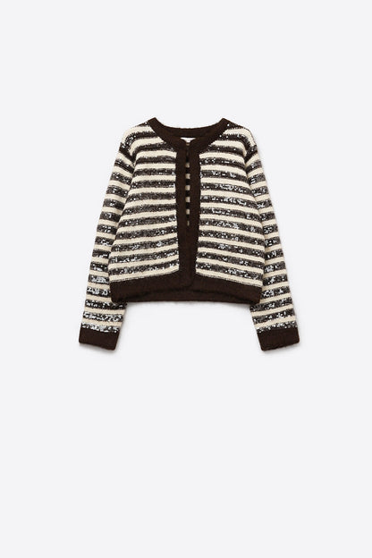 Sequin Detail Stripe Cardigan in Brown and Cream