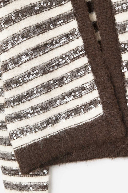 Sequin Detail Stripe Cardigan in Brown and Cream