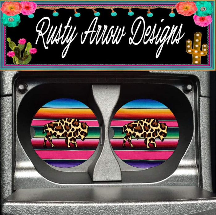 Serape with Cheetah print Buffalo Set of 2 Car Coasters - Car Coasters