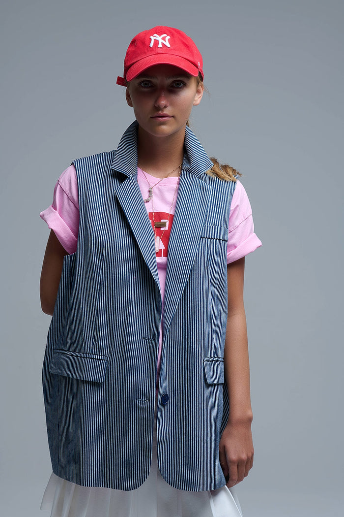 Shawl Collar Long Striped Vest in Blue and White