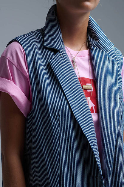 Shawl Collar Long Striped Vest in Blue and White