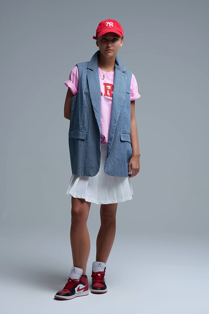 Shawl Collar Long Striped Vest in Blue and White