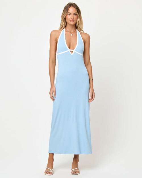 Sky Blue Cream | Badge:New Arrival_#B2AC88_#ffffff'
LSPACE Shea Maxi Dress in sky blue cream, front view on model.