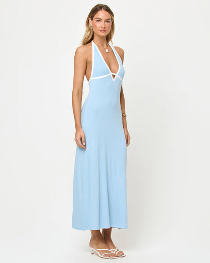 LSPACE Shea Maxi Dress in sky blue cream, three-quarter view on model.
