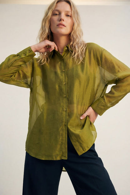 shiny satin Shirt with Relaxed Fit in olive color - Shirts