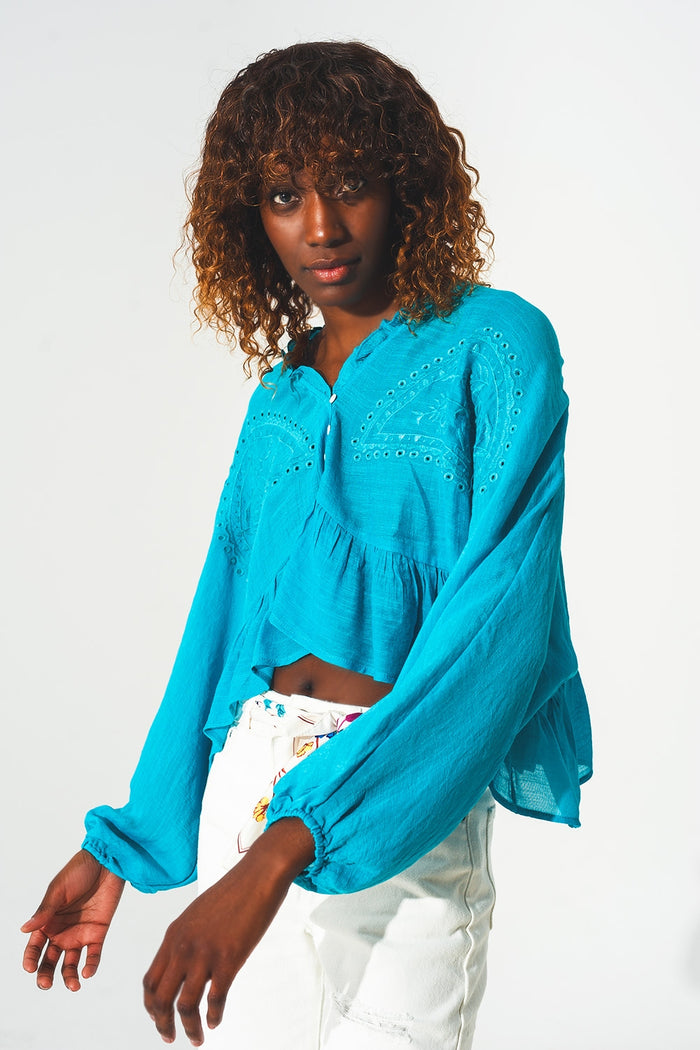 Shirred crop top with embroidery in blue