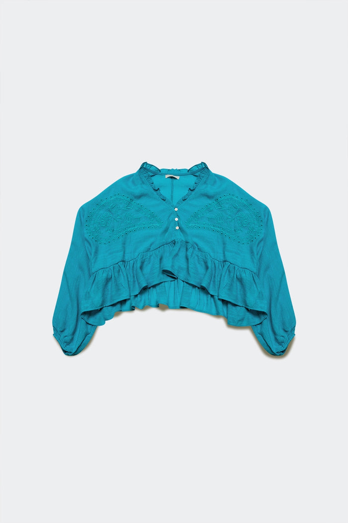 Shirred crop top with embroidery in blue