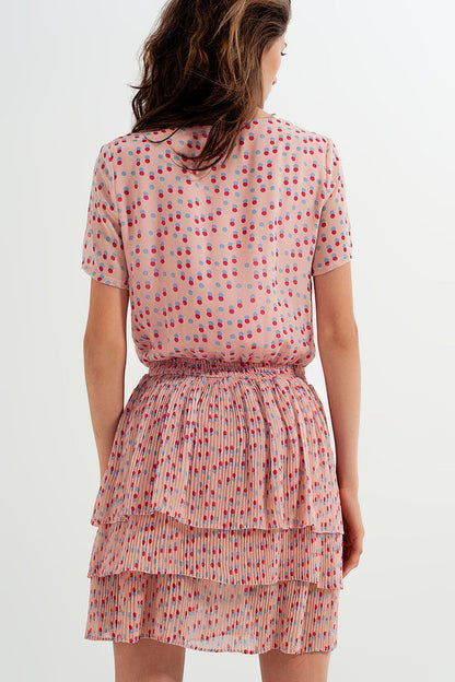 Shirred mini dress with peplum in pink - dress