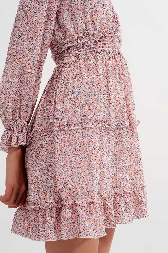 shirred mini skater long sleeve dress in pink floral - dress