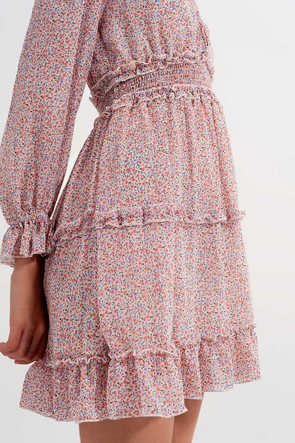shirred mini skater long sleeve dress in pink floral - dress