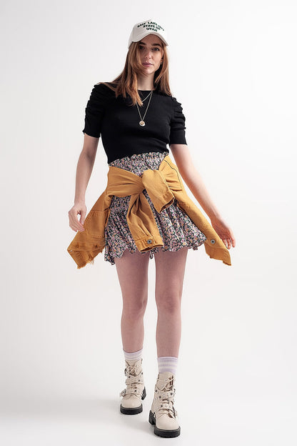 Shirred skater skirt co-ord in black ditsy floral