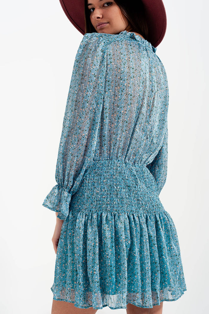 Shirred skirt mini dress with keyhole detail in turquoise - dress