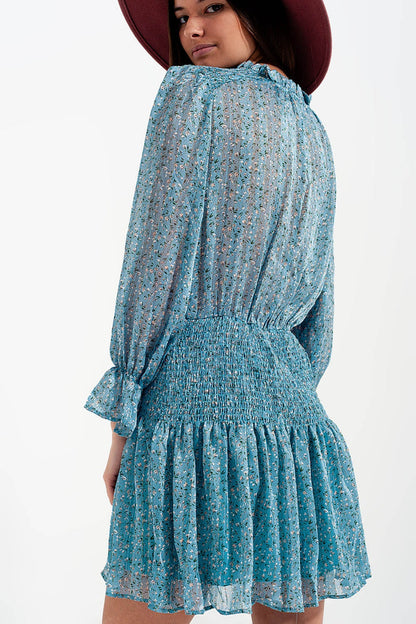 Shirred skirt mini dress with keyhole detail in turquoise - dress