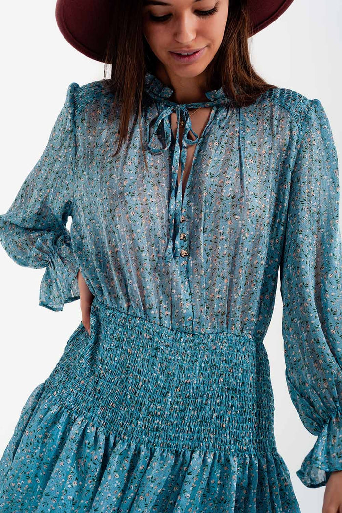 Shirred skirt mini dress with keyhole detail in turquoise - dress
