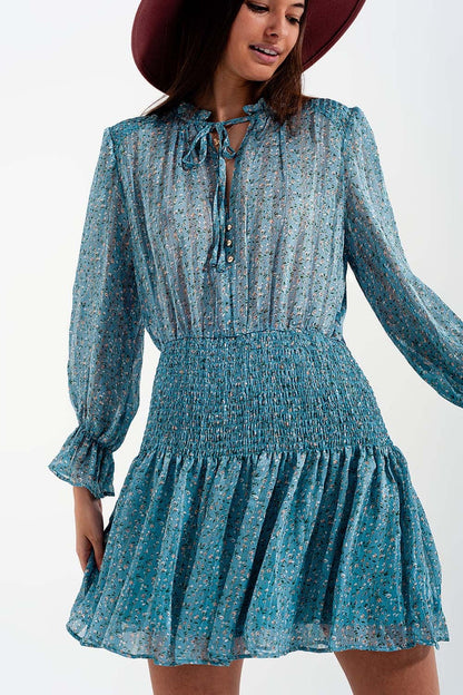Shirred skirt mini dress with keyhole detail in turquoise - dress