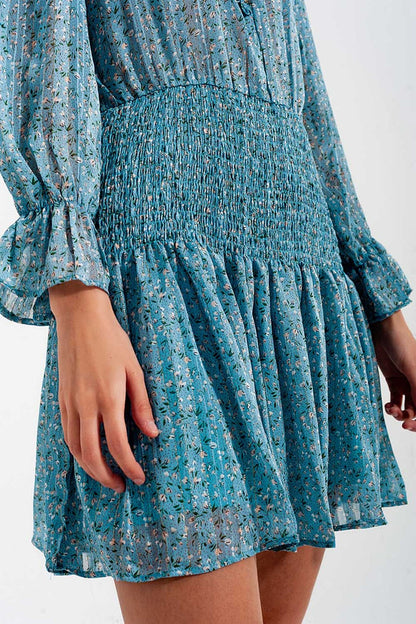 Shirred skirt mini dress with keyhole detail in turquoise - dress