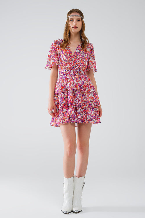 Short Multicolor chiffon Dress with Floral print and Ruched Design - dress