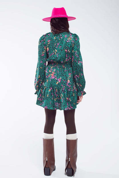 Short Printed Dress With Tiered Skirt and Ruffled Cuff in Forest Green - dress