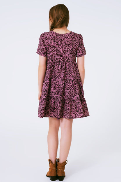 Short Sleeve Baby Doll Dress With Neck Detail in Purple Leopard Print - dress
