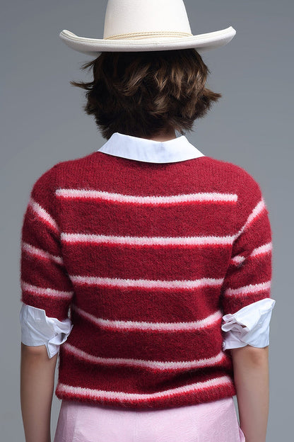 Short Sleeve Embroidered Love Sweater in Burgundy