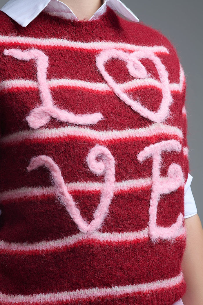 Short Sleeve Embroidered Love Sweater in Burgundy