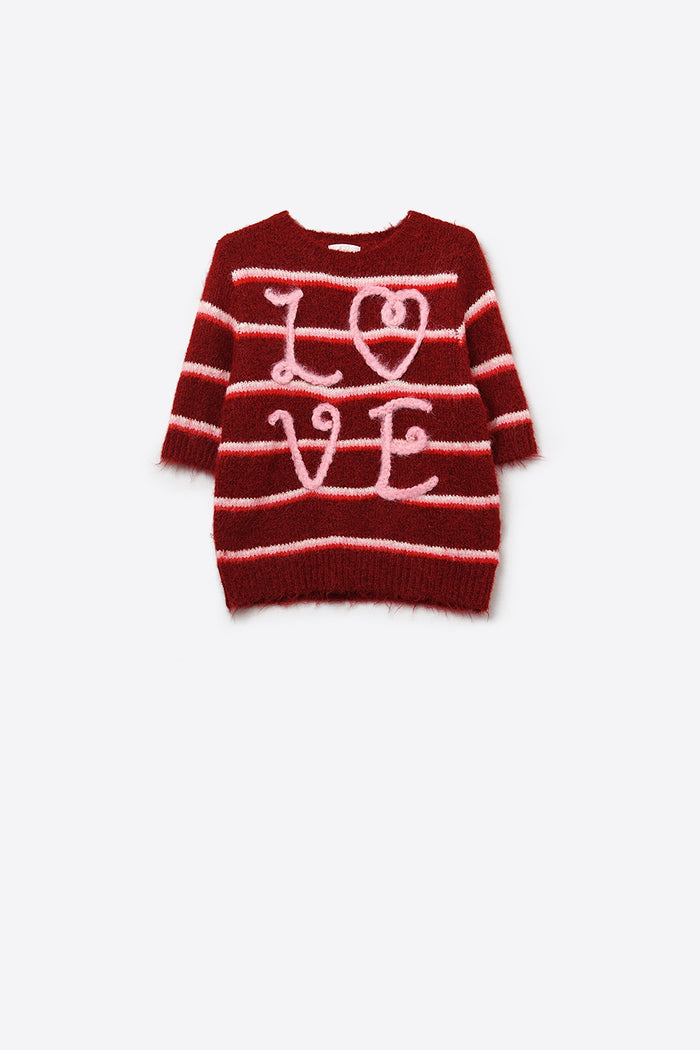 Short Sleeve Embroidered Love Sweater in Burgundy