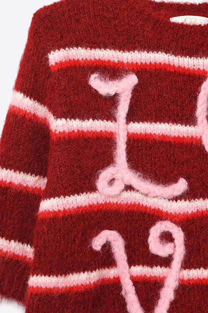 Short Sleeve Embroidered Love Sweater in Burgundy