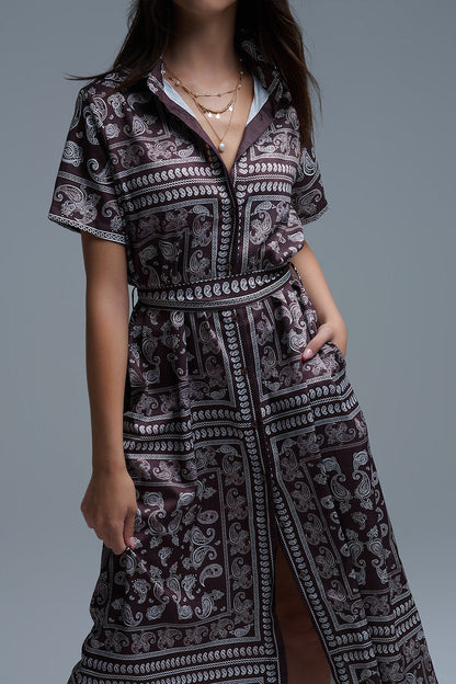 Short Sleeve Paisley Print Shirt Dress in brown - dress